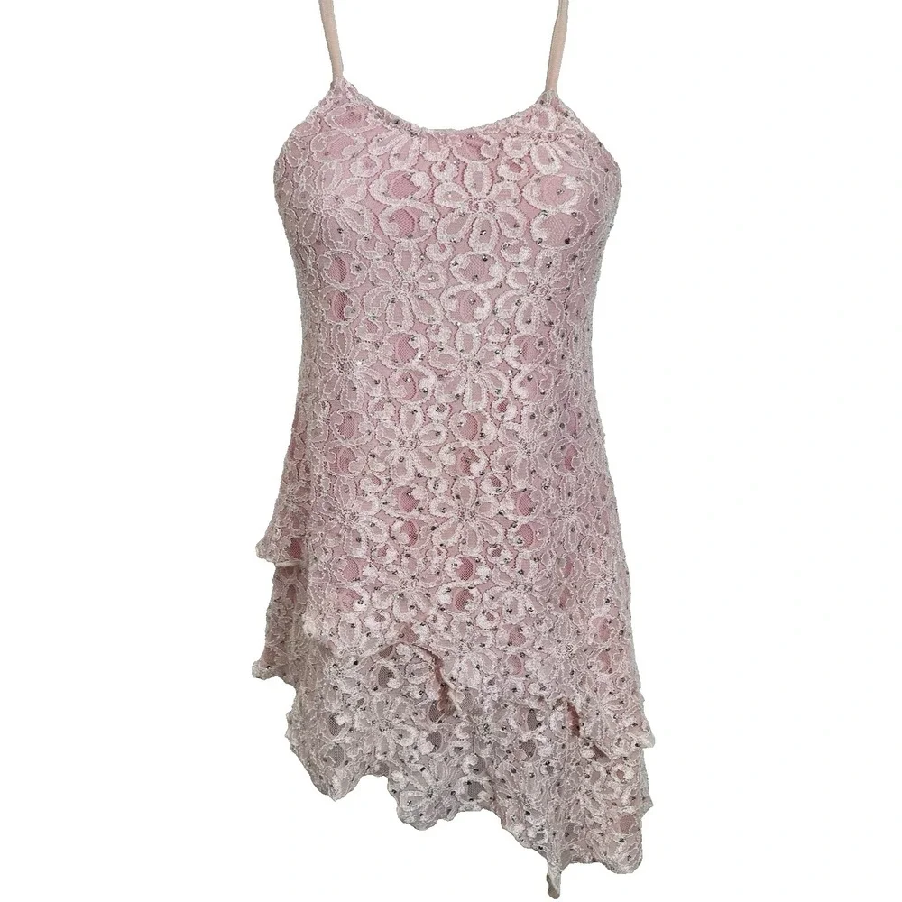 Vintage Pink Lace Dance Dress Silver Glitter Overlay Stretch Girls S Y2K Costume